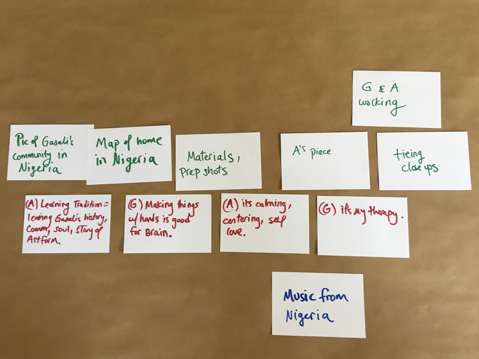 Index cards lying on a table showing aspects of a story.