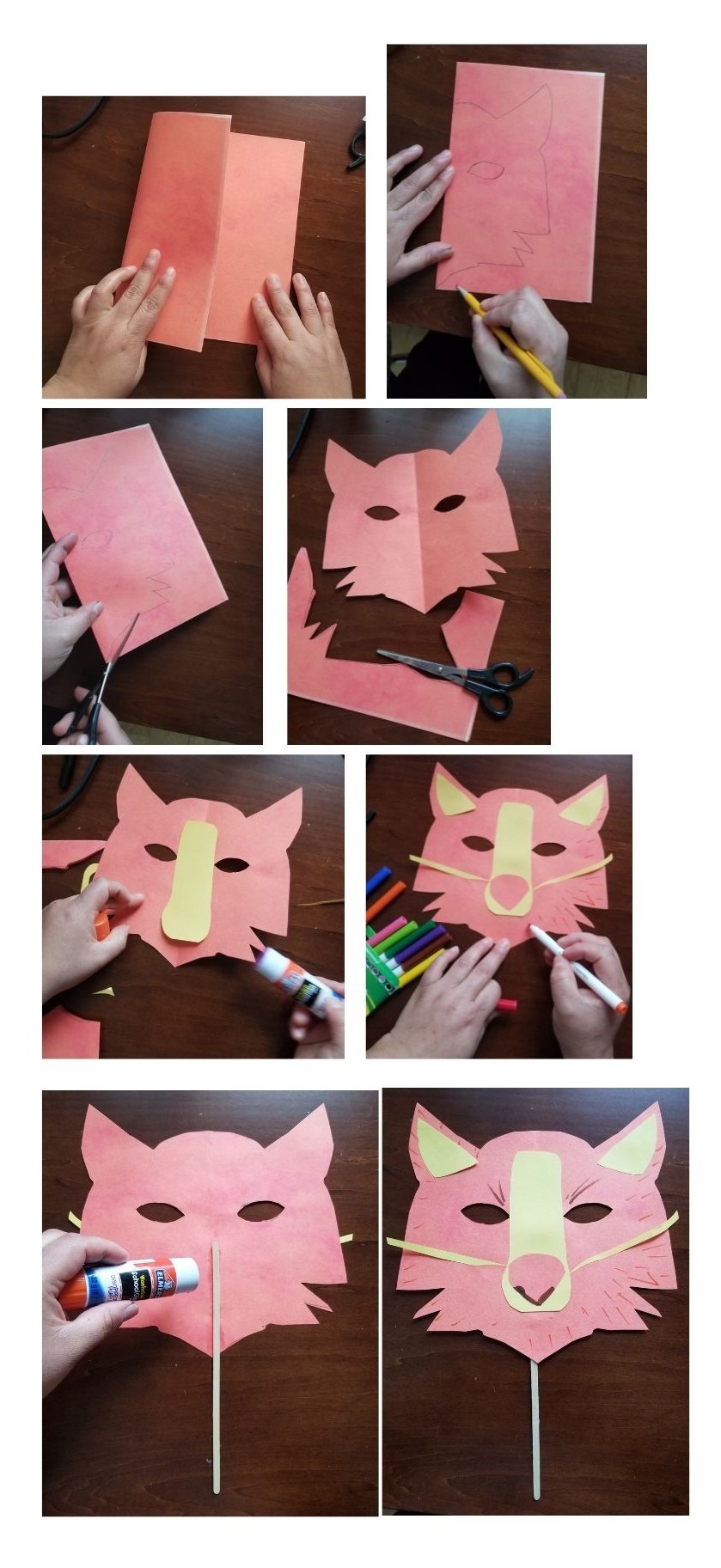 A grouping of images that showing the steps of how to make an animal mask using two sheets of construction paper and a popsicle stick. 