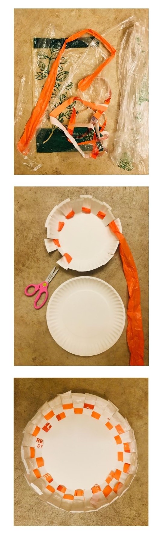 A grouping of images showing the steps of how to weave plastic strips on a paper plate to make a basket.      