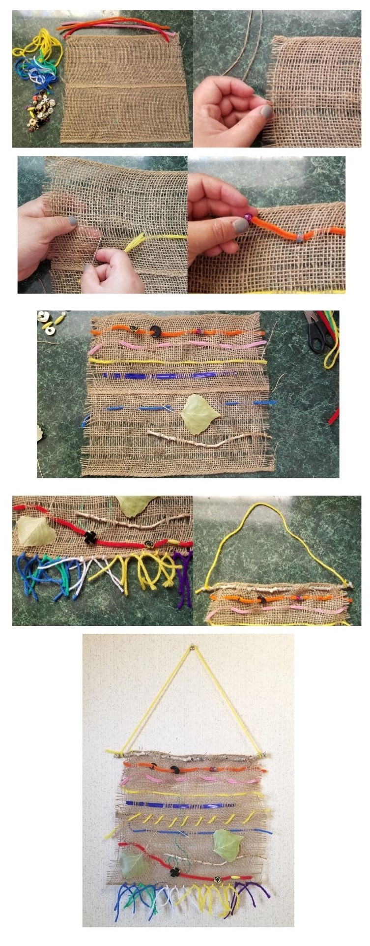 A grouping of eight images that showing the steps of how to weave different materials on a piece of burlap.  